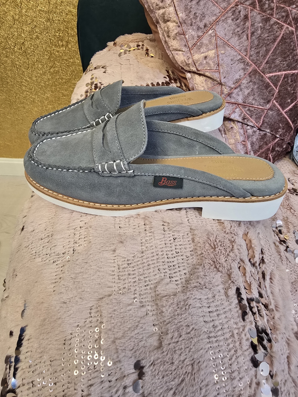 Women's Dusty Blue/grey Suede Penny Loafer Mules - Picture 3 of 5